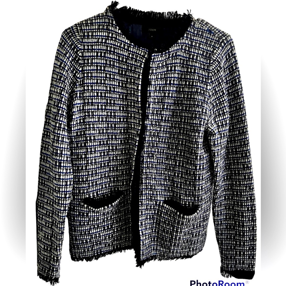 JCrew Navy and Blue Knit Lady Jacket with fringe with silver details.